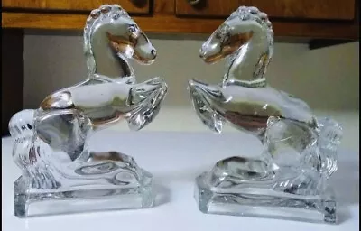 2 Vintage L.E.Smith 1940’s Clear Glass Art Deco Rearing Horse Book Ends Heavy • $34