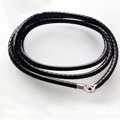 41-60cm 1-3mm Black Cord Leather Necklace Stainless Steel Clasp Wax Rope Chain • £2.87