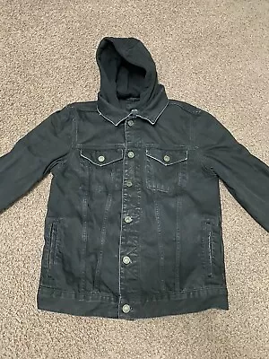 River Island Black Muscle Fit Denim Jacket With Hoodie-  Size Medium • £13