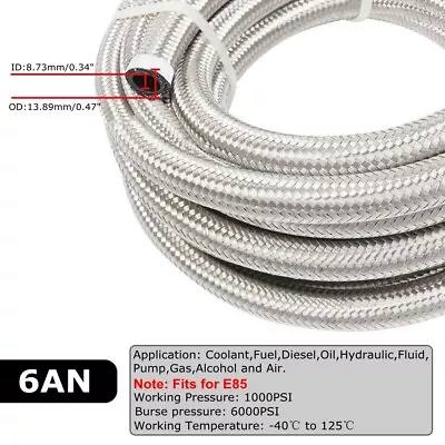 6AN 3/8  Fuel Line Hose Braided Stainless Steel Oil Gas CPE Silver 10FT/20FT • $19.88