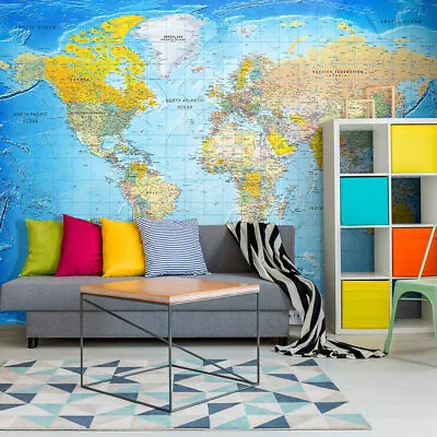 WORLD MAP Photo Wallpaper Wall Mural Non-Woven/Self-Adhesive K-A-0109-a-a • £34.99