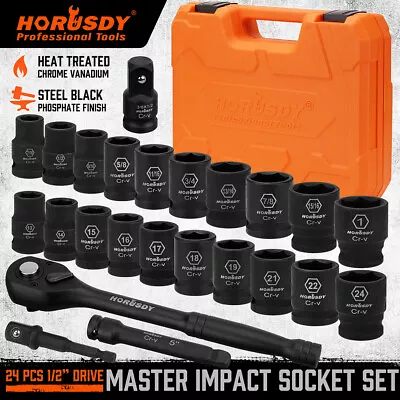 HORUSDY 24 Pcs 1/2  Drive Impact Socket Set SAE Metric Extension Bar Ratchet • $53.99