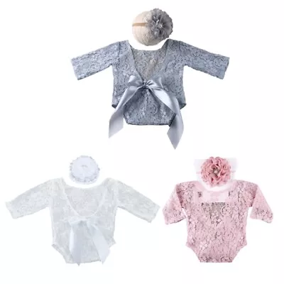 Lace Jumpsuit Bodysuit Headband Baby Boys Girls Lace Romper Flower Headband Set • $20.07