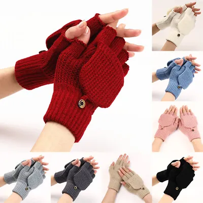 $2.98 • Buy Womens Mens Warm Winter Fingerless Gloves Flip Knitted Gloves Mittens Soft