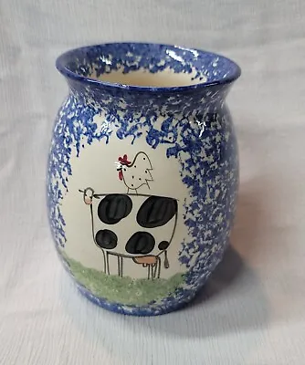 Signed Molly Dallas Cow & Rooster  Spongeware/SpatterWare Crock Utensil Holder  • $15.98