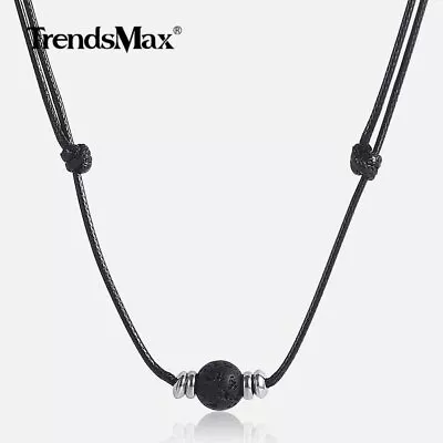 1.5mm Lava Rock Stone Choker Necklace Leather Rope Chain Adjustable Mens Jewelry • $7.99