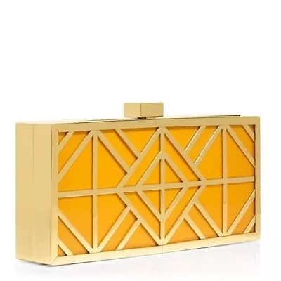 TORY BURCH $435 FRET Minaudiere Clutch Bag Geometric Art Deco Gold/Orange NWD • $129