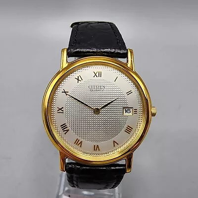 VTG Citizen Watch Men Gold Tone Silver Dial Date 33mm Round 4774-S33310 New Batt • $49.99