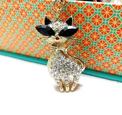 Sassy Cat Keychain White Sparkle Rhinestones & Gold Kitty Bling Charm Key Ring  • $10.99