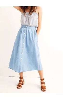 Madewell Palisade Button Front Midi A Line Skirt Light Indigo Blue Chambray 14 L • $23.80