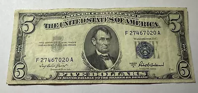 1953 A $5 Dollar Bill Silver Certificate Blue Seal Note U.s Currency • $21.88