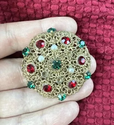 VINTAGE WEST GERMANY FILIGREE Green Red RHINESTONE PIN BROOCH As-is TLC Repair • $11.95