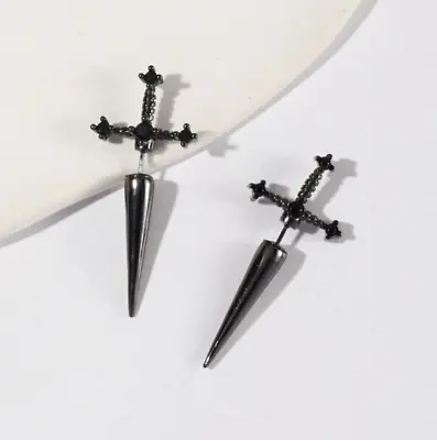 Gothic Sword Cool Punk Dagger Earrings Black With Black Crystal • $14.99