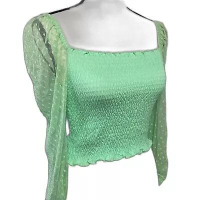 Miss Selfridge Crop Top Smocked Bodice Swiss Dot Lace Sleeve Festival Blouse  • $16.99