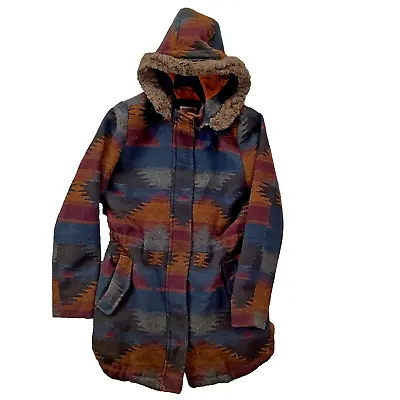 Parka Coat Jacket Women Small Aztec Hood Full Zip Drawstring Faux Fur Trim Warm • $34.99