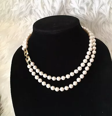 Vintage 60’s Monet Two Strand Knotted Faux Pearl Necklace Gold Tone Clasp • $19.97