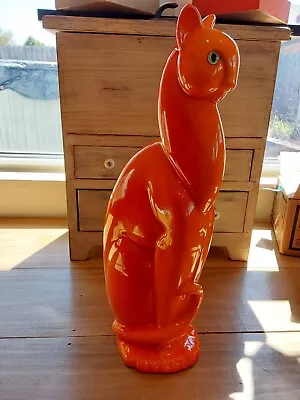 Vintage MCM Royal Haeger Pottery Orange Egyptian Winking Green Eye Cat Statue • $424.99