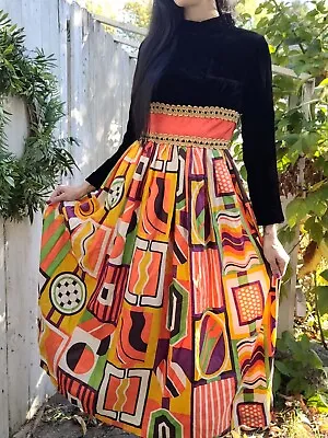 Vintage 70s Funky Mod Black Velvet Orange Boho Maxi Dress XS • $39.99