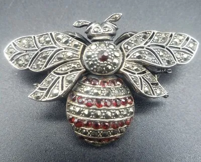 Vintage Sterling Silver BUMBLE Bee Pin / Brooch Marcasite & Orange Glass Stones • $30