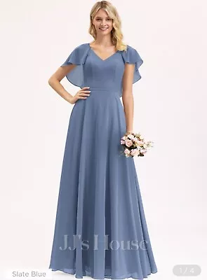 JJs House A-Line V-neck Floor-Length Chiffon Bridesmaid/Prom Dress Slate Blue 14 • £25