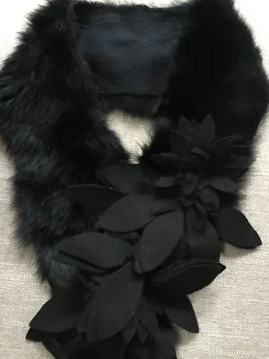 Genuine Rabbit Fur Scarf Collar 32”L X 3.5”W Black Felt Flowers Boho Retro Wrap • $39.99