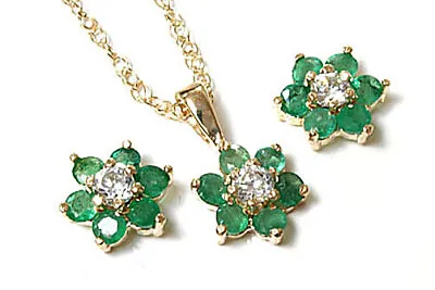 9ct Gold Emerald And CZ Pendant Necklace And Earrings Set Gift Boxed Made In UK • £141.99