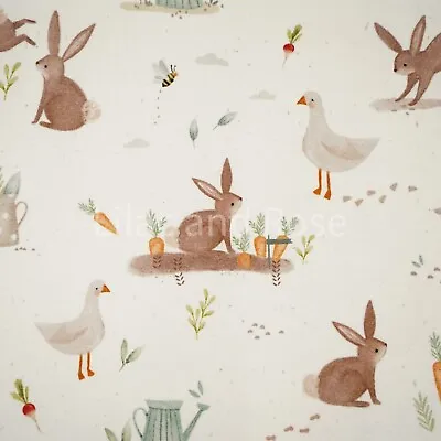 Cotton Jersey Fabric Bunnies And Ducks Fabric Neutral Stretch Knit Fabric • £17