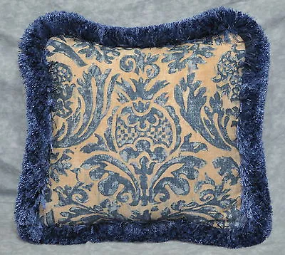 $35 • Buy Pillow Made W/ Ralph Lauren Landing Navy Blue Damask Fabric 12  W/ Brush Fringe