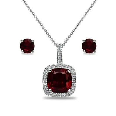 Sterling Silver Garnet And White Topaz Cushion-Cut Necklace & Stud Earrings Set • $39.99