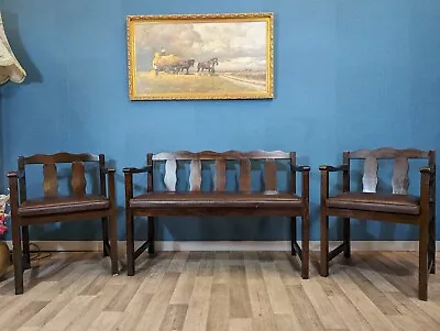 Vintage Solid Oak Bench Seat & Chairs Conservatory Farmhouse Hall Way • £185