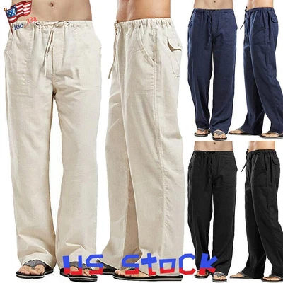 $19.89 • Buy Men's Summer Cotton Linen Loose Beach Pants Yoga Drawstring Elasticated Trousers