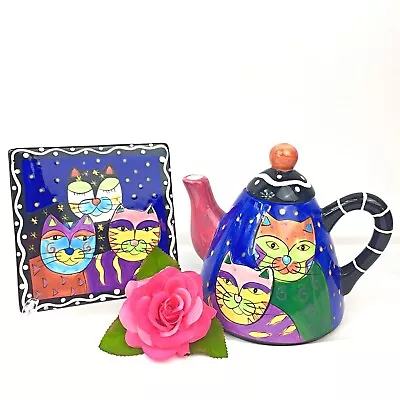 Milson And Louis Hand Painted Laurel Burch Style Cats Ceramic Teapot And Tile  • $39.99