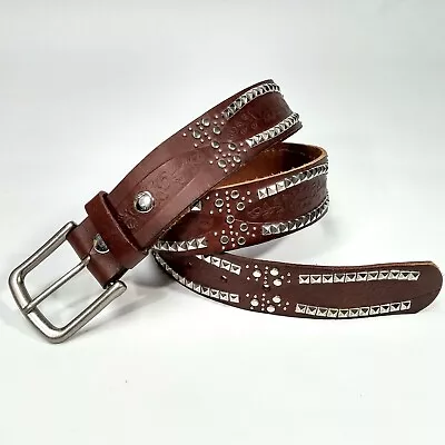 Full Grain Leather Womens Belt Size M Brown Silvertone Studs Embossed 40  Flaw • $24.95