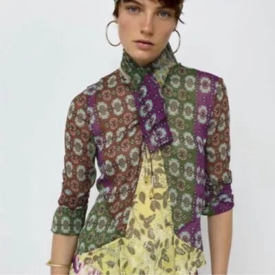 Zara Limited Edition Printed Blouse With Self Ties And Beading Small Boho • $28.99