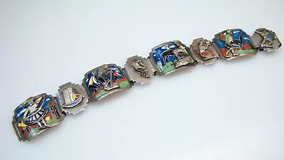 Vintage Sterling Enamel Peruvian Designs Silver Bracelet • $65