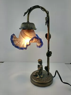 Metal Table Lamp Girl Praying  Tulip/flower Glass Shade  • $125.51