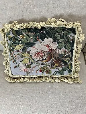 Vintage Floral Needlepoint Pillow Lovely Cabbage Roses ~tassels & Velvet Back • $75