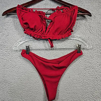 Zaful Woman Size 6 Red Bikini 2 Piece Bathing Suit Corduroy Adjustable Spaghetti • $9.88