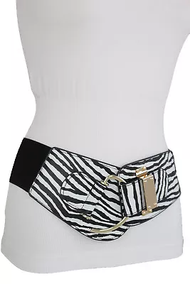 Women Gold Hook Buckle Black White Zebra Print Outfit Accessory Belt Plus XL XXL • £19.06