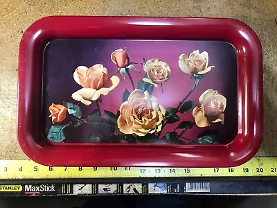 Set 12 Vtg Metal TV Lap Serving Trays Red With Roses Bouquet Snack Lunch 14x9 • $25