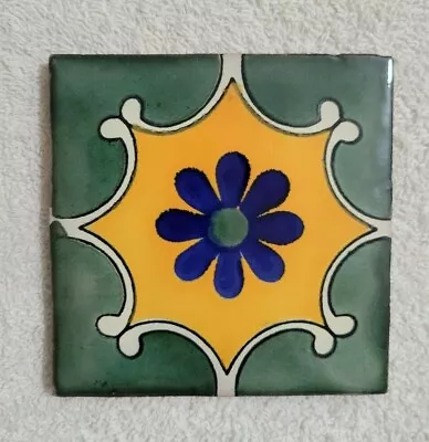 Glossy  Blue Green Daisy  Mexican Talavera Ceramic Tiles 4x4 • $5.75