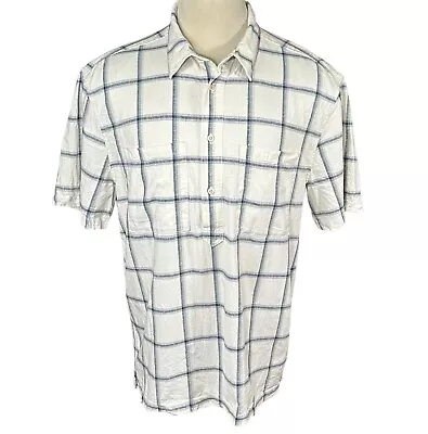 Madewell Mens L Button Hemp Cotton Popover Short Sleeve Shirt White Plaid NF418 • $40