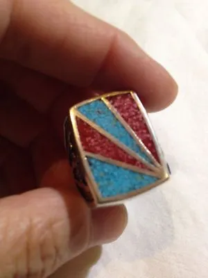 1980's Vintage Inlay Turquoise Stone Southwestern Silver Men's Size 13.5 Ring • $44