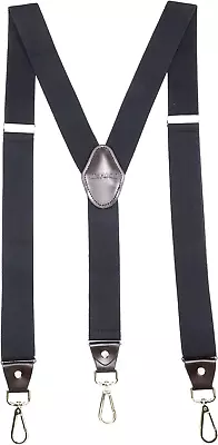 Mens Suspenders For Work 3 Swivel Hook Clips Y-Back For Groomsmen Leather Black • $18.99