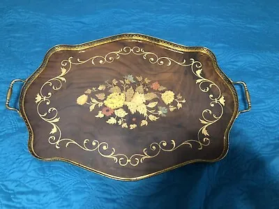 LARGE Vtg ▪︎ 21x15 ▪︎ ITALY▪︎ Wooden MARQUETRY TRAY Flowers Brass Rail Handles  • $58.99