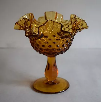 Fenton Amber Art Glass Hobnail Ruffled Edge Compote Centerpiece Candy Dish • $25