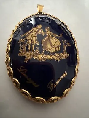 Vintage Limoges France Courting Couple Porcelain Pendant Mirror Gold Tone Blue • $15.94