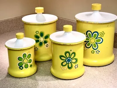 Vintage Kromex Aluminum 4 Canister Set Yellow Daisy Flower Power Retro K5461 • $64.99