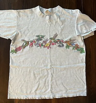 Flowers Habitat Nature T Shirt Hummingbird Colorful Wrap Around Graphic Men’s M • $10