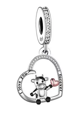 Cow I Love You Heart Charm 💜 925 Sterling Silver Gift • £16.89